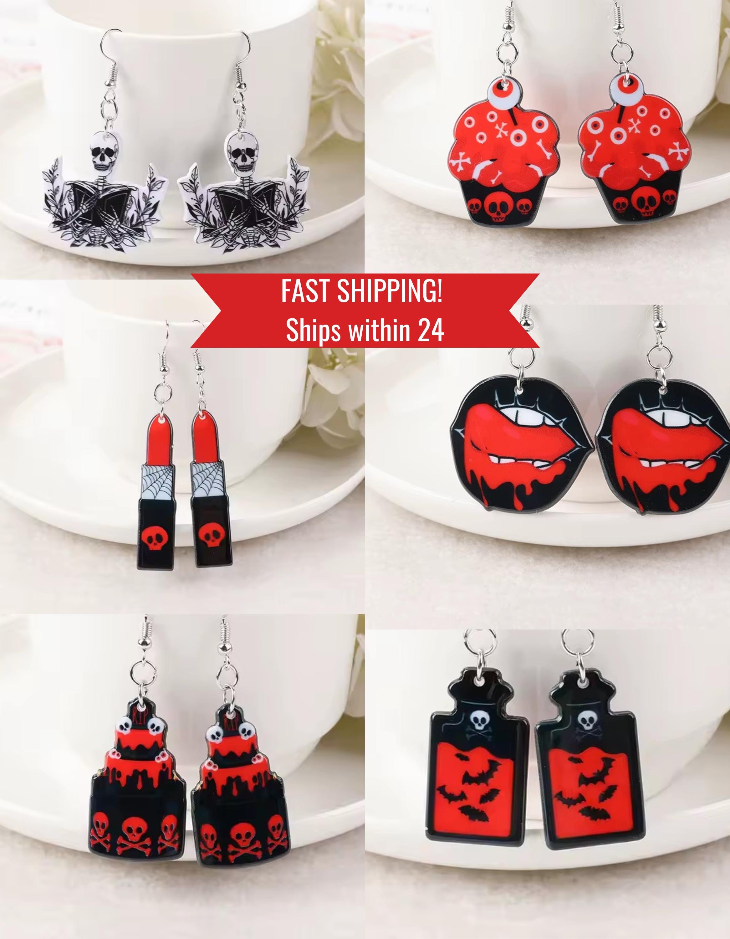 Gothic Skull Jewelry Black Dangle Vampire Design Metal Hook Alternative Accessory for Goth Baker Gift for Halloween Horror Fan Dark Jewelry