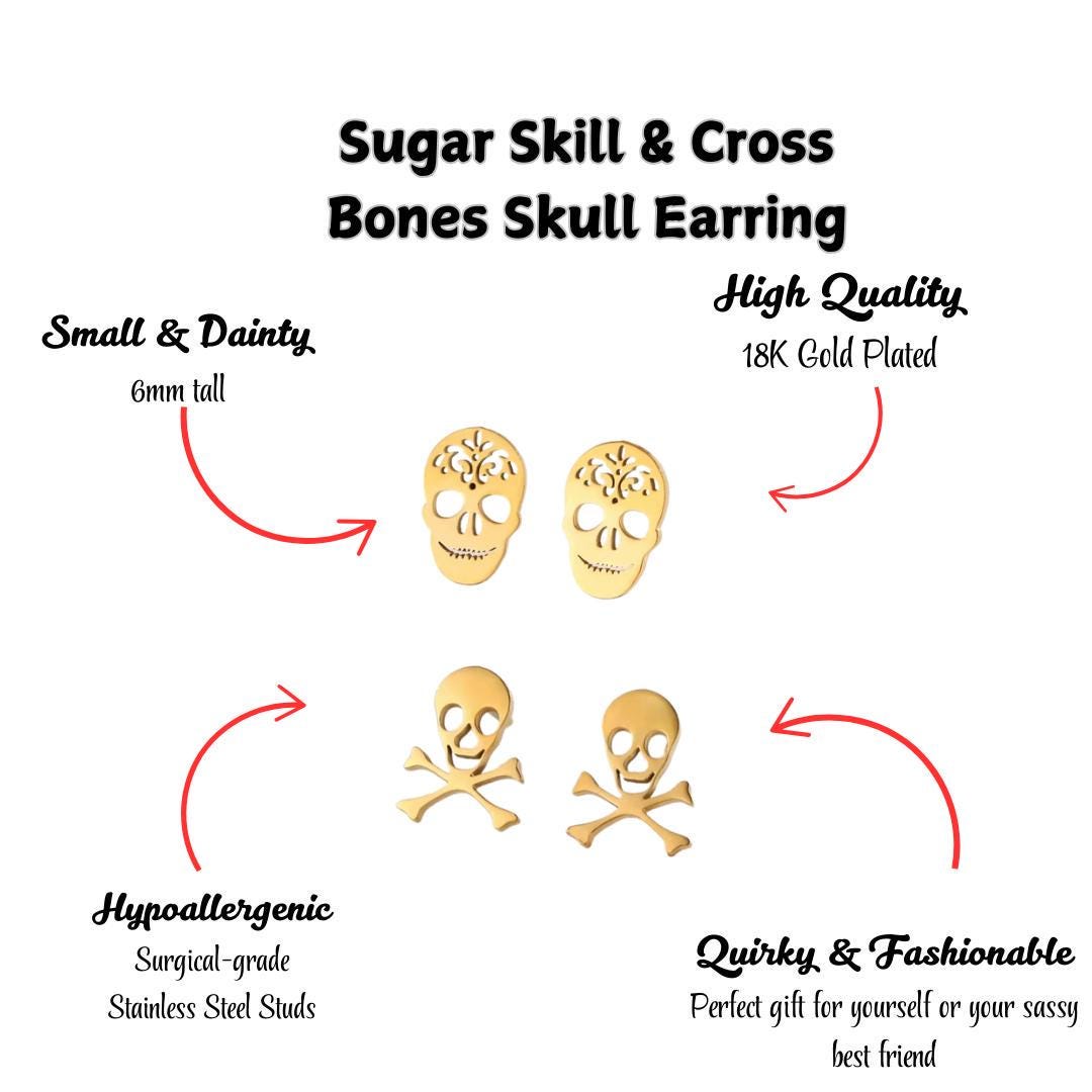 Gothic Skull Earrings Alternative Style Jewelry Metal Stud Design Punk Rock Fashion Crossbones Pattern Small Studs Biker Chic Accessories Halloween Party Perfect Dark Style Statement Piece Edgy Fashion Collection Gold Tone Steel