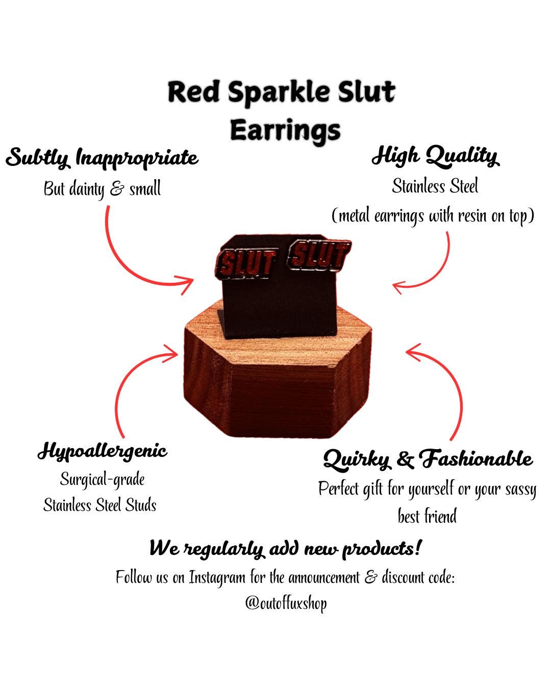 SLUT Red Sparkle Earrings - Funny Gift for Her, Stainless Steel Metal Earrings, Bachelorette Party Jewelry, Free Shipping