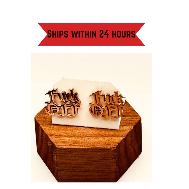 Fuck Off Earring - Old English Script Statement Jewelry - Minimalist Charm Studs - Bachelorette Gift - Free Shipping - Multiple Colors