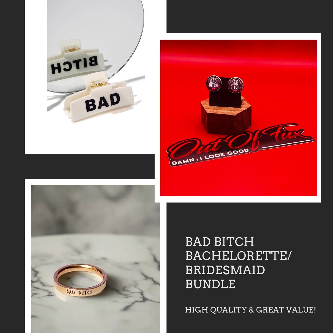 Bad Bitch Bundle - Hair Clip, Ring, Stud Earrings in Brass - Edgy, Bachelorette or Bridesmaid Gifts