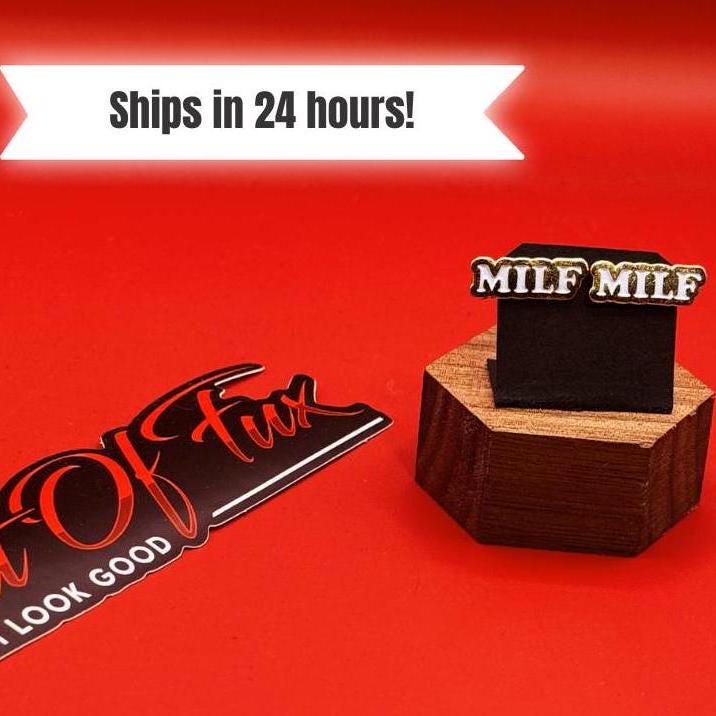 MILF funny mom earrings gold plated with white paint on stainless steel studs for hypoallergenic application