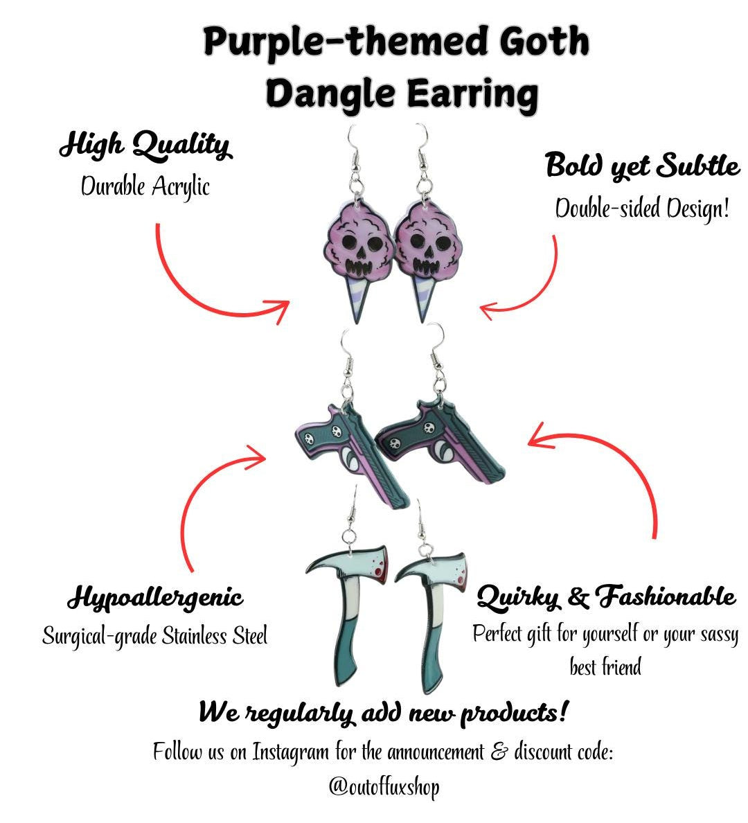 Gothic Punk Earrings Alternative Fashion Accessories Creepy Cute Design Pink Skull Ice Cream Bloody Axe Pistol Collection Wednesday Addams Style Halloween Gothic Jewelry Double Sided Acrylic Statement Pieces Modern Alternative Fashion