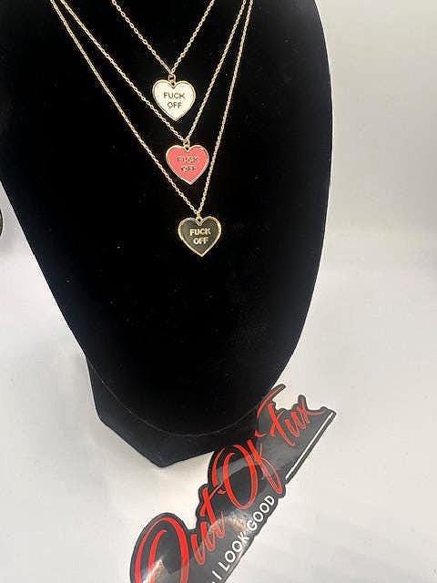 Fuck Off Candy Heart Charm Necklace - Brass Pendant 16" Chain Multiple Colors Gifts for Women Womens Jewelry Fast Free Shipping Valentines