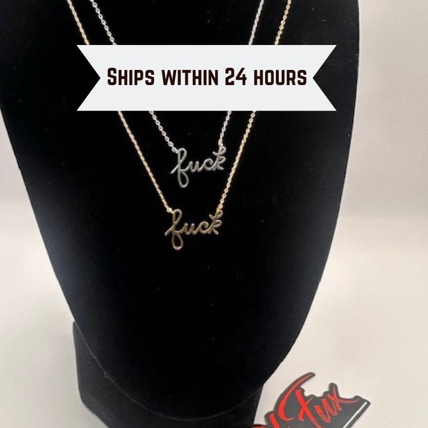 Fuck Script Necklace in Silver - 18K Gold Stainless Steel 16" Bachelorette Party Gift - Inappropriate Swear Word Jewelry Charm Minimalist