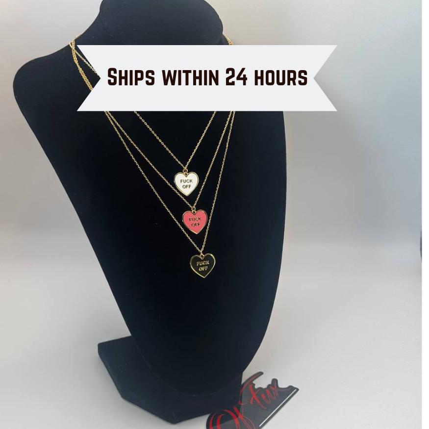 Fuck Off Candy Heart Charm Necklace - Brass Pendant 16" Chain Multiple Colors Gifts for Women Womens Jewelry Fast Free Shipping Valentines