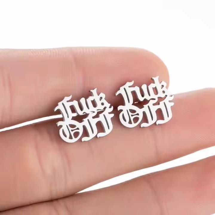 Fuck Off Earring - Old English Script Statement Jewelry - Minimalist Charm Studs - Bachelorette Gift - Free Shipping - Multiple Colors