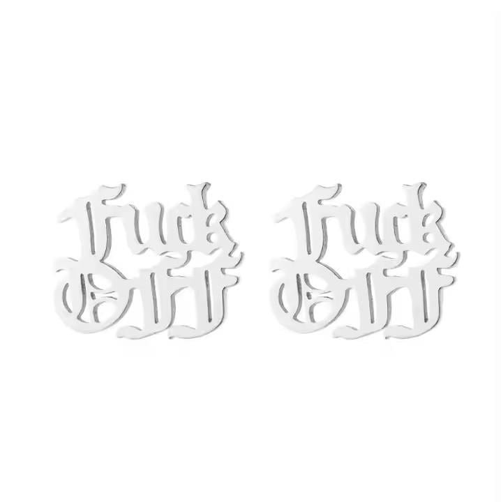 Fuck Off Earring - Old English Script Statement Jewelry - Minimalist Charm Studs - Bachelorette Gift - Free Shipping - Multiple Colors