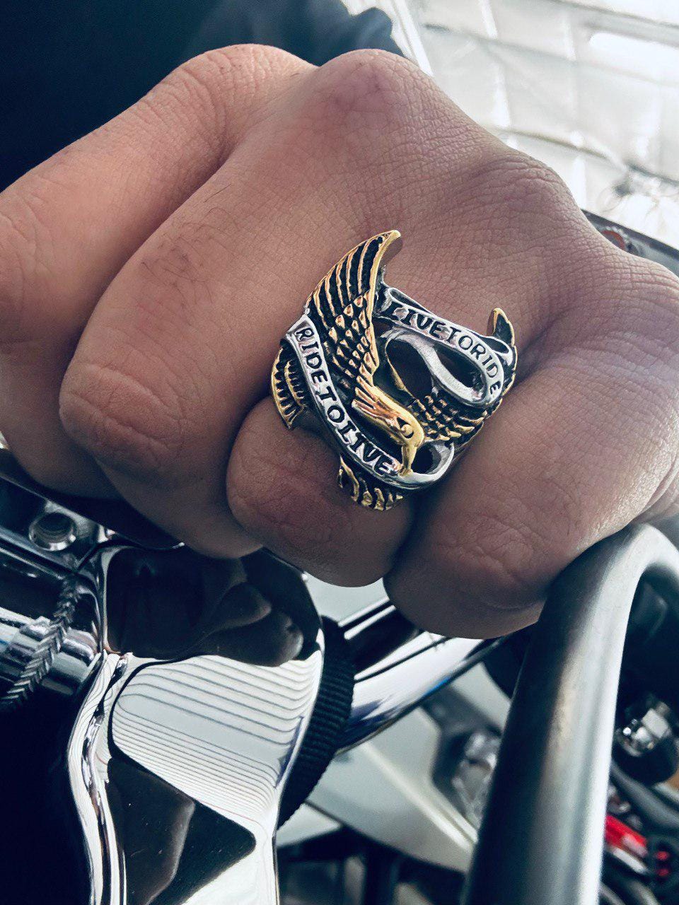 Men's 18K Gold Plated Biker Ring - Live to Ride Ride to Live Eagle Ring - High Quality Stainless Steel Silver and Gold Ring
