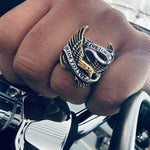 Men's 18K Gold Plated Biker Ring - Live to Ride Ride to Live Eagle Ring - High Quality Stainless Steel Silver and Gold Ring