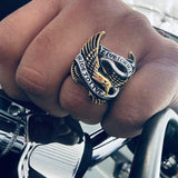Men's 18K Gold Plated Biker Ring - Live to Ride Ride to Live Eagle Ring - High Quality Stainless Steel Silver and Gold Ring