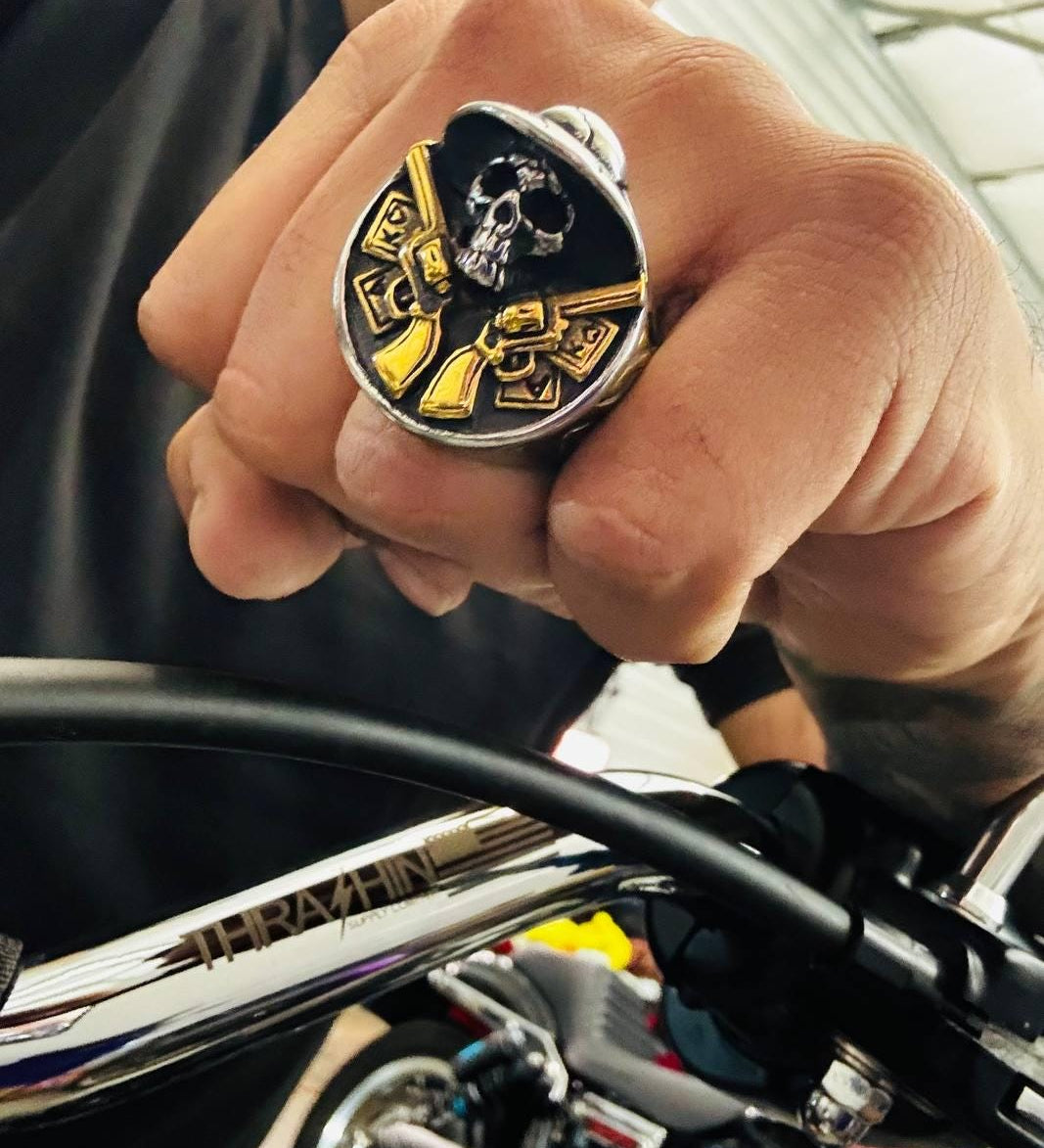 Men's Sombrero Biker Ring 18K Gold Plated Heavy Stainless Steel Chunky Mexican Bold Ring for Him - Free Shipping