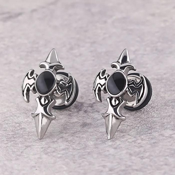 Mens Gothic Body Jewelry Stud Fleur de Lis Accent Black Opal Surgical Steel Tragus Piercing Silver Stud Man Gift for Him Alternative Jewelry