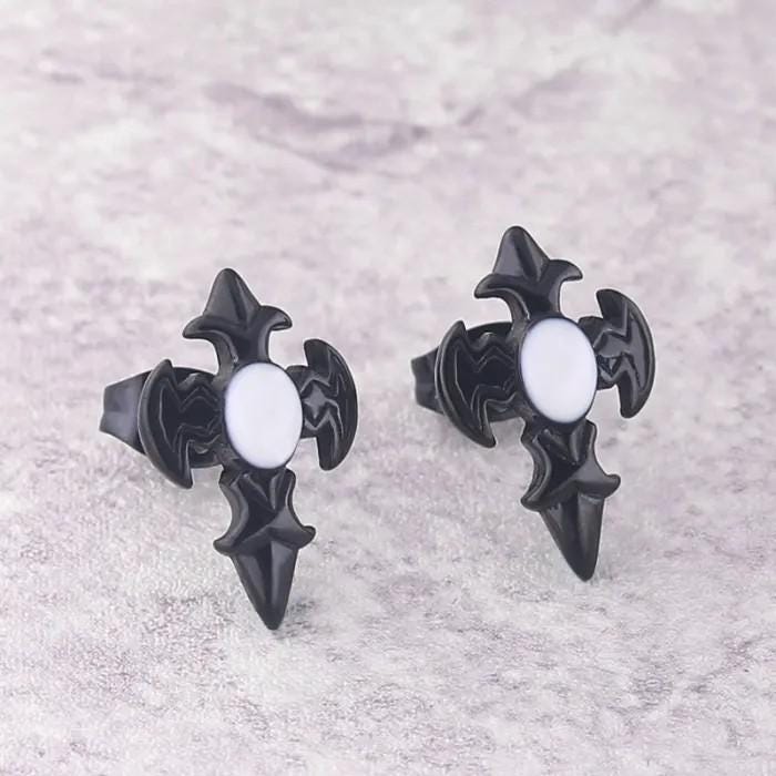 Mens Gothic Body Jewelry Stud Fleur de Lis Accent Black Opal Surgical Steel Tragus Piercing Silver Stud Man Gift for Him Alternative Jewelry