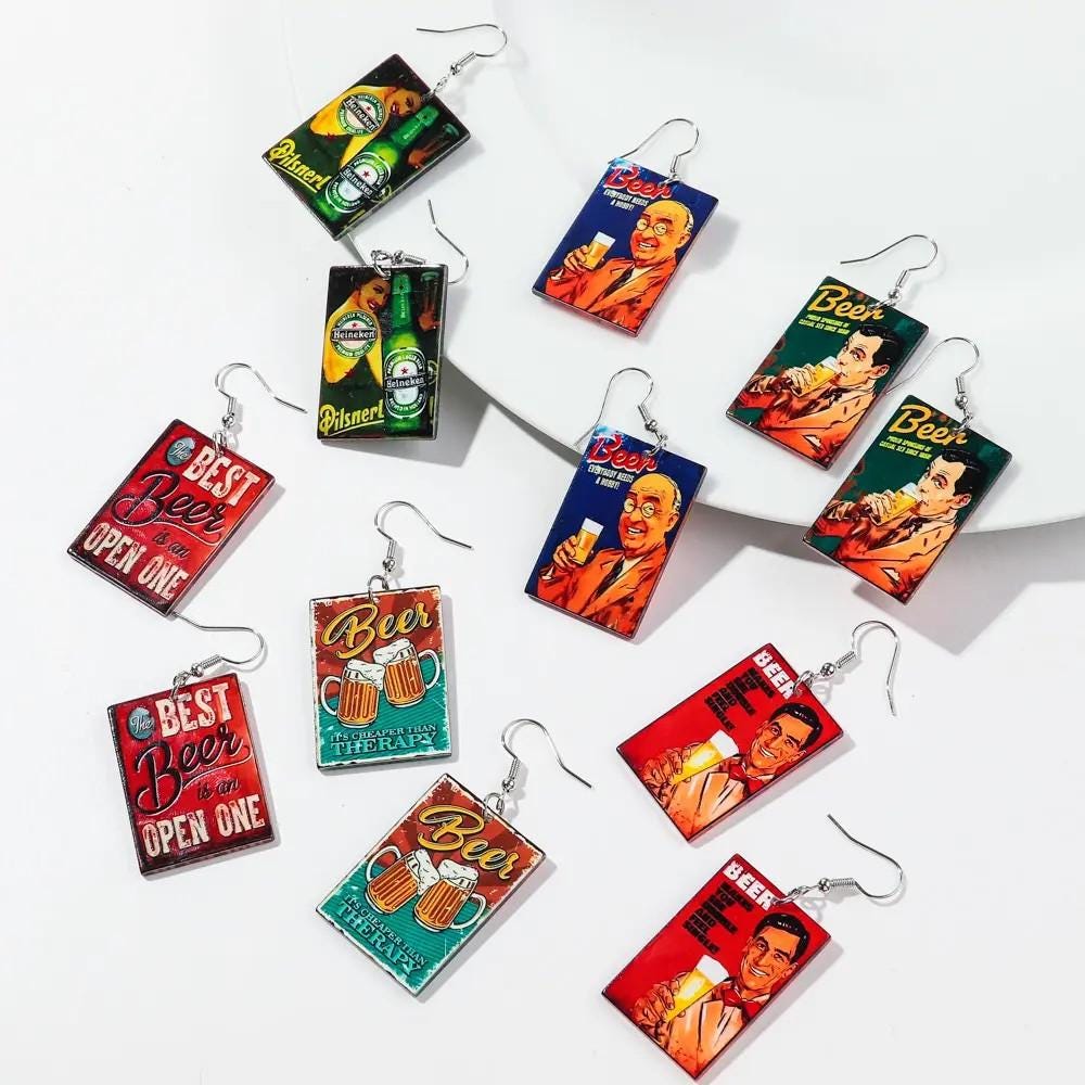 Funny Beer Earrings for Women Craft Jewelry Aluminum Hook Drink Accessory Pub Sign Acrylic Piece Festival Gift Brewery Charm Steel Hook