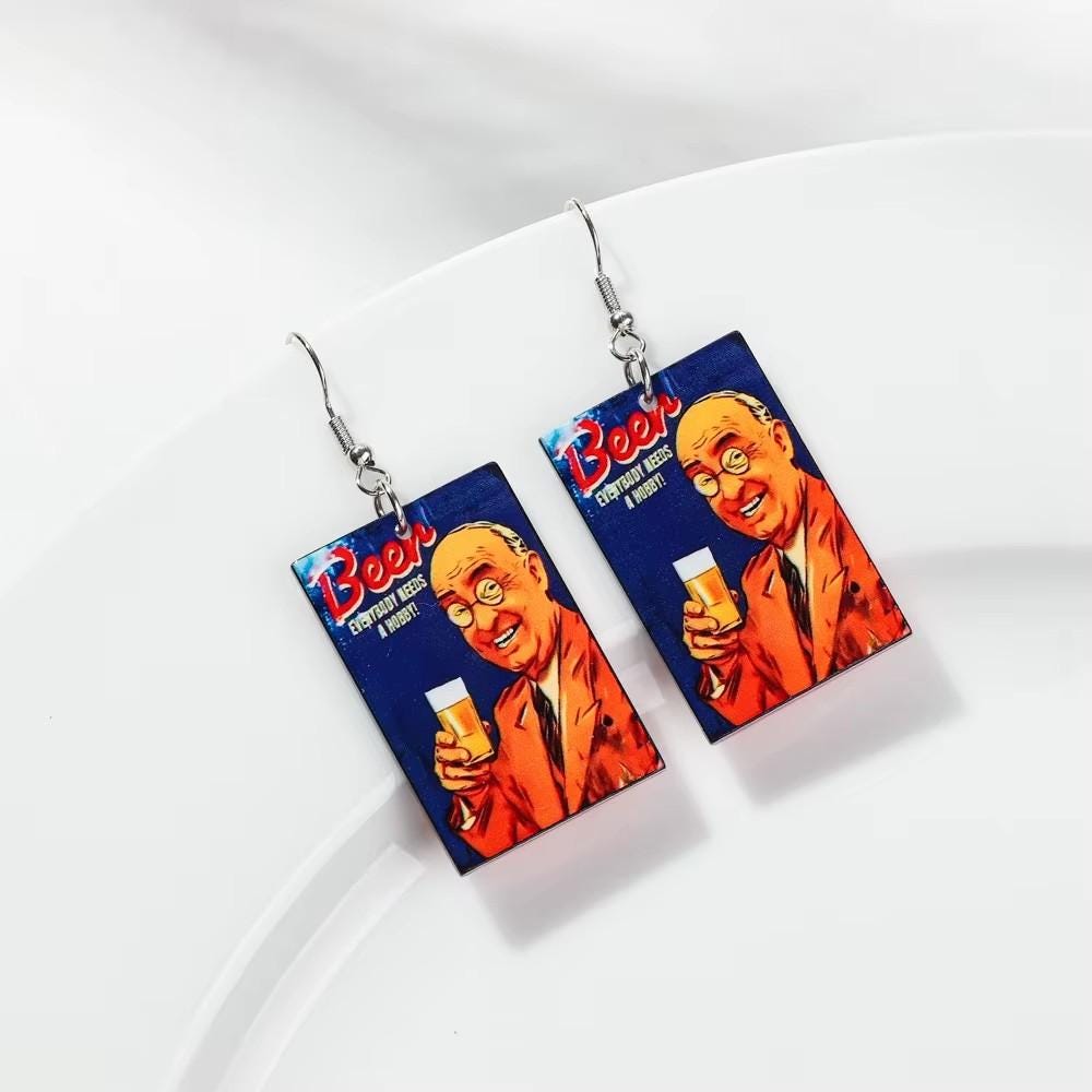 Funny Beer Earrings for Women Craft Jewelry Aluminum Hook Drink Accessory Pub Sign Acrylic Piece Festival Gift Brewery Charm Steel Hook