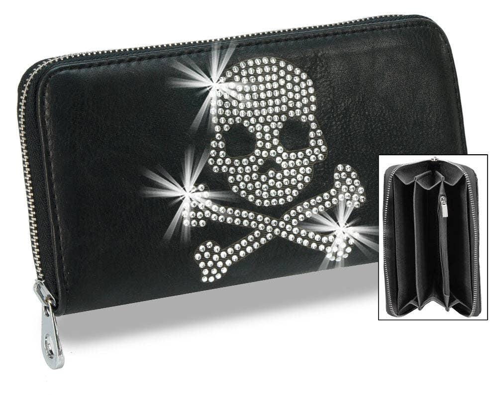 Black Alternative Wallet Premium Leather Construction Gothic Style Collection Biker Fashion Accessory Metal Accent Details Card Organization System Interior Zipper Storage Multiple Currency Compartments Fashion Statement Piece Daily Carry