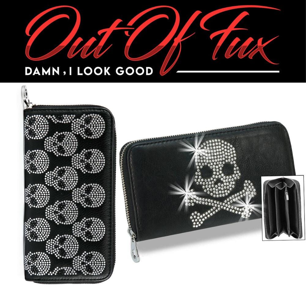 Gothic Leather Wallet Black Alternative Fashion Biker Style Accessory Rock Fashion Collection Metal Accent Design Premium Card Storage Zipper Pocket Organization Multiple Currency Slots Interior Divider Elegant Silver Embellishments Daily