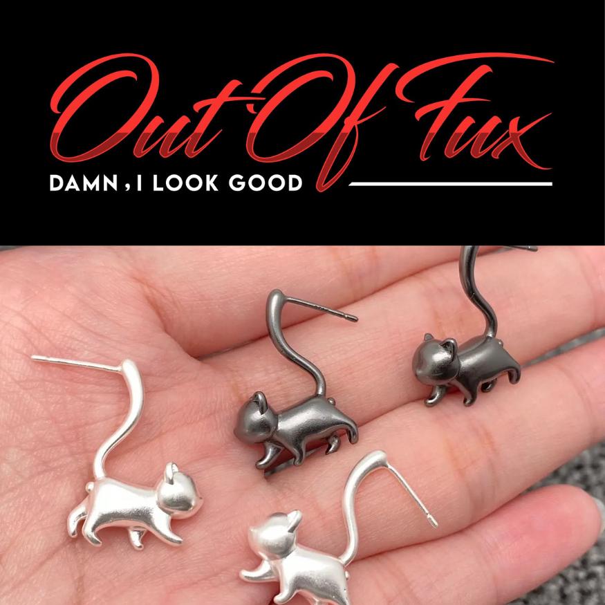Silver Plated Cat Stud Earrings Heart Detail Design Unique Wrap Tail Style Biker Fashion Statement Piece Edgy Animal Jewelry Modern Women Accessory Nickel-Free Hypoallergenic Metal Construction Quality Finish Perfect Gift Idea Beautiful