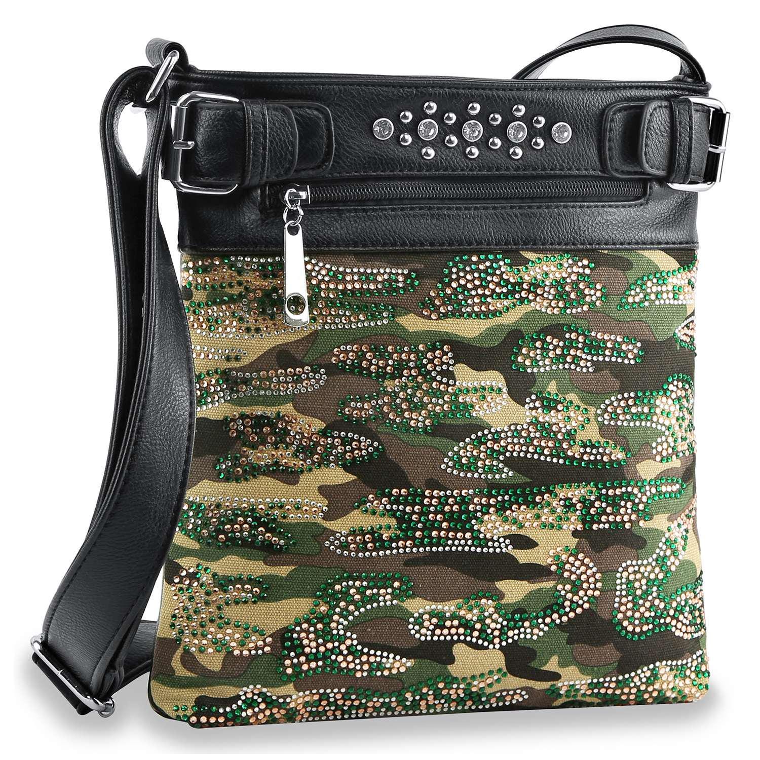 Gothic Military Punk Rock Messenger Bag Biker Crossbody Design Steam Punk Style Statement Piece Studded Black Accent Skull Construction Rhinestone Detail Practical Size Front Back Storage Concert Festival Essential Fashion Forward