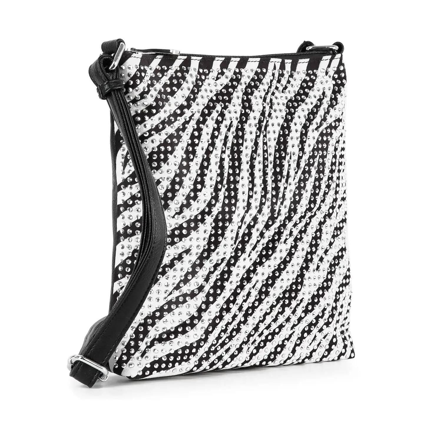 Zebra Print Rhinestone Crossbody Bag: Faux Leather Chain Handbag