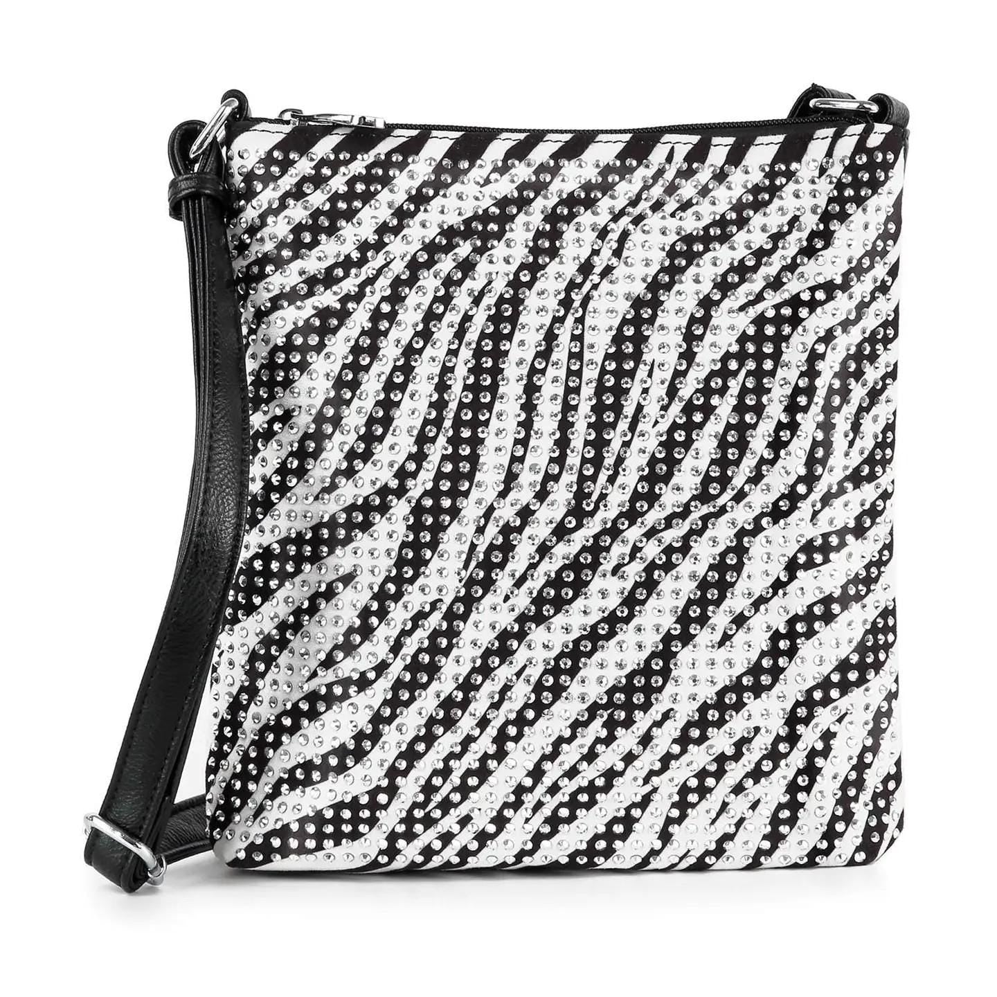 Zebra Print Rhinestone Crossbody Bag: Faux Leather Chain Handbag