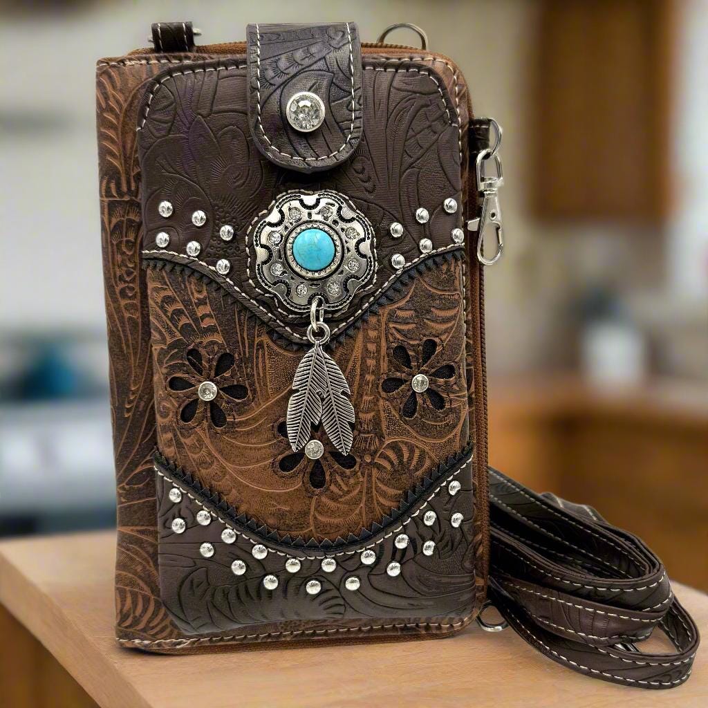 Tooled Leather Crossbody Bag for Women: Western Phone Holder Purse with Card Clots and Cowgirl Motif