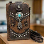 Tooled Leather Crossbody Bag for Women: Western Phone Holder Purse with Card Clots and Cowgirl Motif