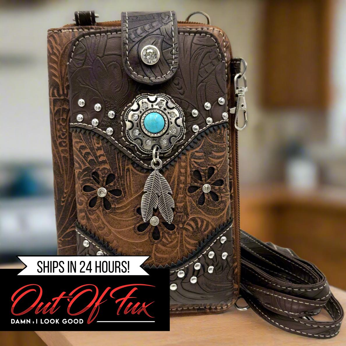 Tooled Leather Crossbody Bag for Women: Western Phone Holder Purse with Card Clots and Cowgirl Motif