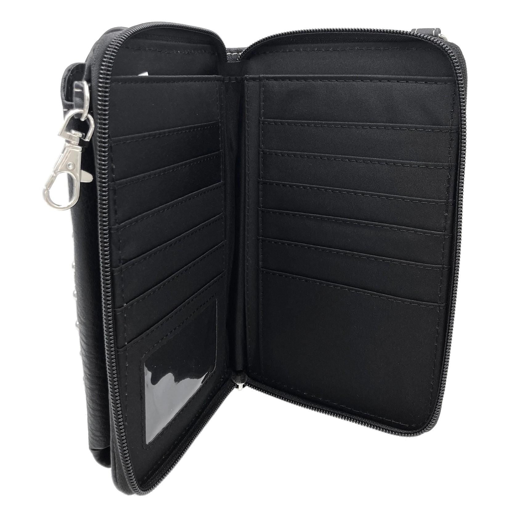 Leather Skull Crossbody Wallet: Goth Biker Purse with Rhinestones and Studs