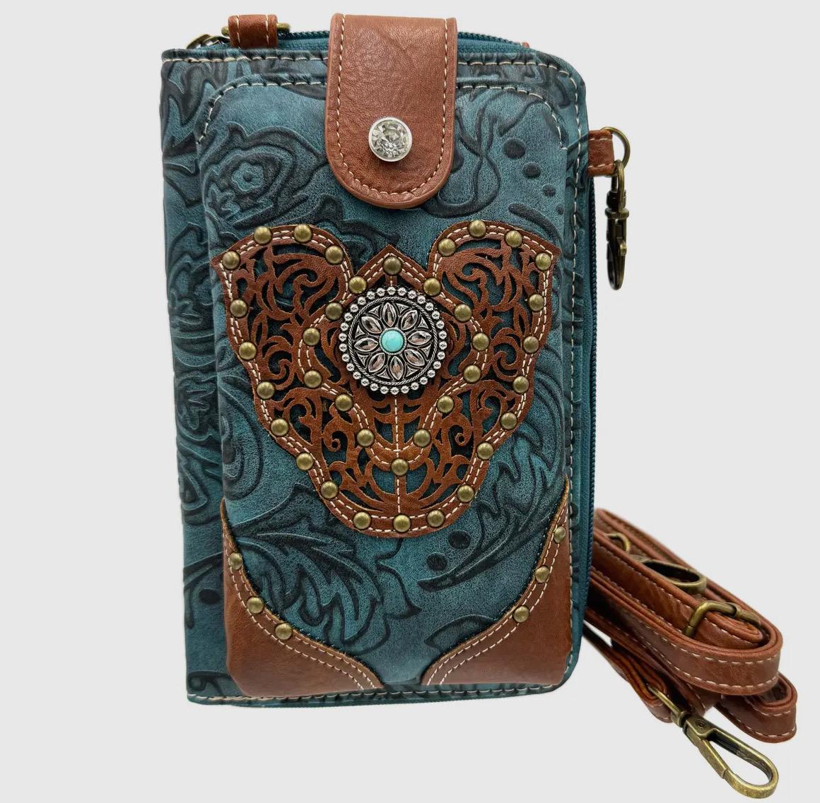 Tooled Leather Crossbody Bag with Turquoise Accent and Card Slots
