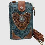 Tooled Leather Crossbody Bag with Turquoise Accent and Card Slots