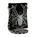 Spider Web Pattern Crossbody Phone Case Fashion Forward Design Chain Strap Detail Rhinestone Accents Evening Bag Essential Black Background Style Statement Compact Size Storage Faux Leather Construction Interior Pockets Party Ready