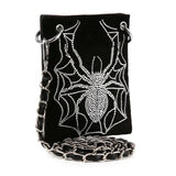 Spider Web Pattern Crossbody Phone Case Fashion Forward Design Chain Strap Detail Rhinestone Accents Evening Bag Essential Black Background Style Statement Compact Size Storage Faux Leather Construction Interior Pockets Party Ready
