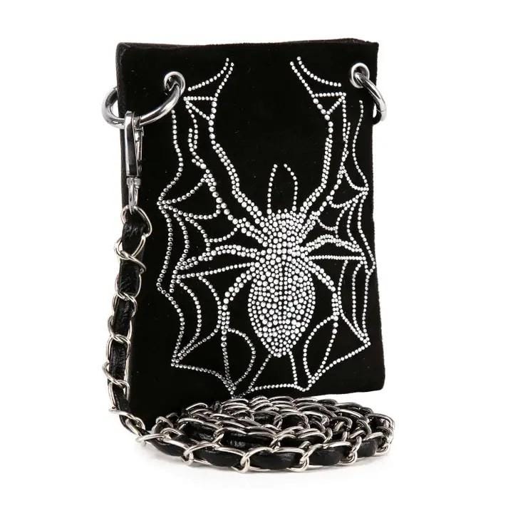 Spider Web Pattern Crossbody Phone Case Fashion Forward Design Chain Strap Detail Rhinestone Accents Evening Bag Essential Black Background Style Statement Compact Size Storage Faux Leather Construction Interior Pockets Party Ready