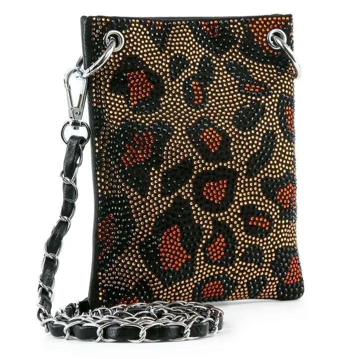 Fashion Forward Crossbody Bag Animal Print Design Phone Storage Essential Chain Strap Detail Rhinestone Accent Pattern Evening Style Statement Compact Size Construction Interior Organization Zipper Security Stylish Party Ready Accessory
