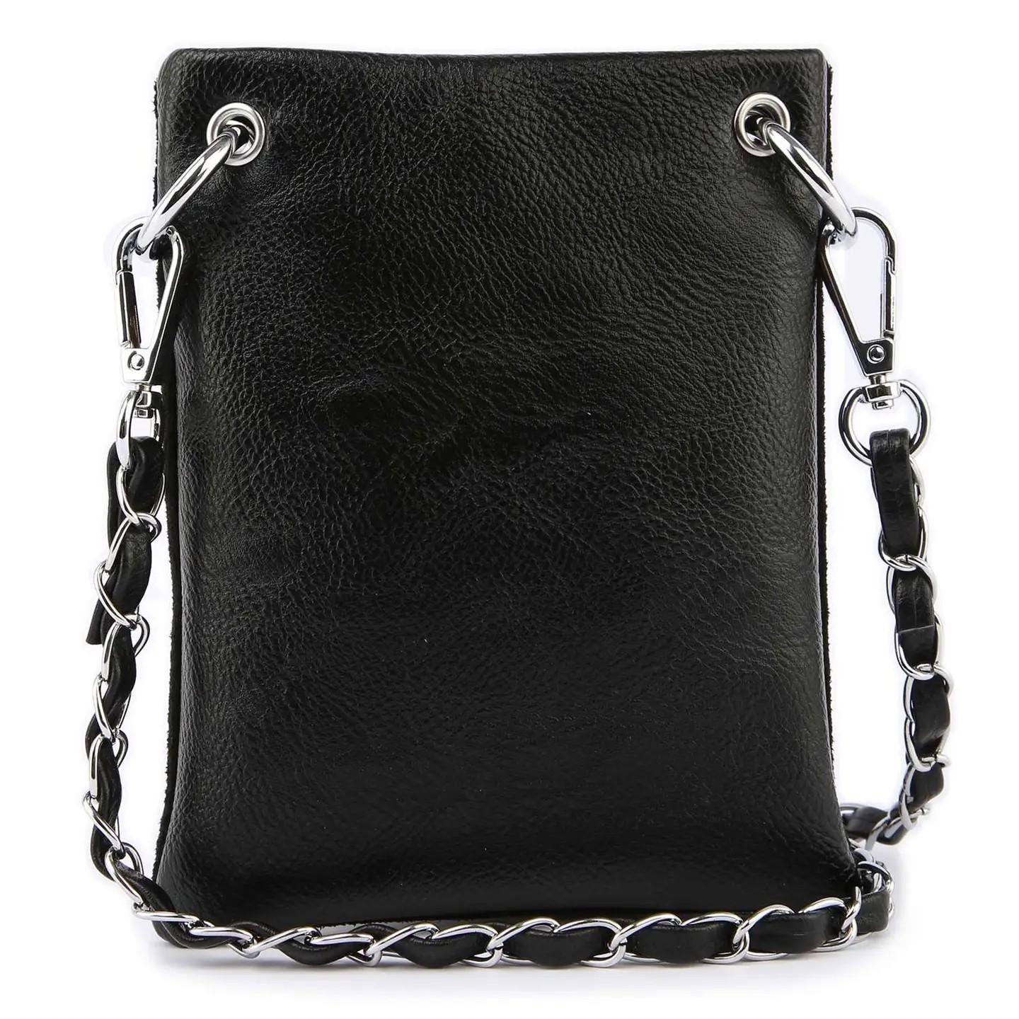 Evening Style Crossbody Case Phone Storage Essential Chain Strap Design Rhinestone Detail Pattern Statement Piece Compact Size Construction Interior Organization Faux Leather Material Fashion Forward Accent Detail Party Ready Essential