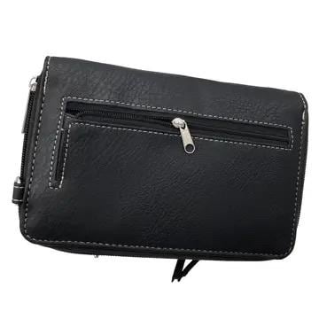 Biker Fashion Accessory Gothic Skull Design Storage Wallet Premium Construction Black Leather Material Rhinestone Accent Details Phone Card Organization System Quilted Pattern Style Alternative Fashion Statement Dark Aesthetic Collection