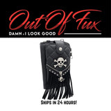 Gothic Skull Wallet Black Leather Design Alternative Fashion Statement Rhinestone Detail Metal Accents Phone Storage Solution Card Organizer Snap Closure System Quilted Pattern Style Fringe Trim Details Biker Fashion Essential Dark