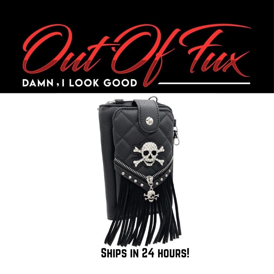 Gothic Skull Wallet Black Leather Design Alternative Fashion Statement Rhinestone Detail Metal Accents Phone Storage Solution Card Organizer Snap Closure System Quilted Pattern Style Fringe Trim Details Biker Fashion Essential Dark