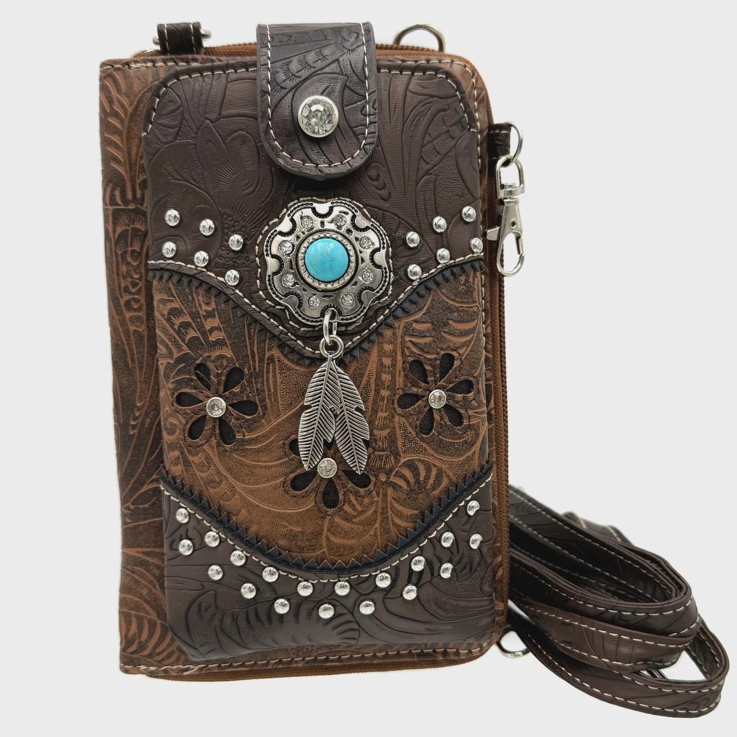 Tooled Leather Crossbody Bag for Women: Western Phone Holder Purse with Card Clots and Cowgirl Motif