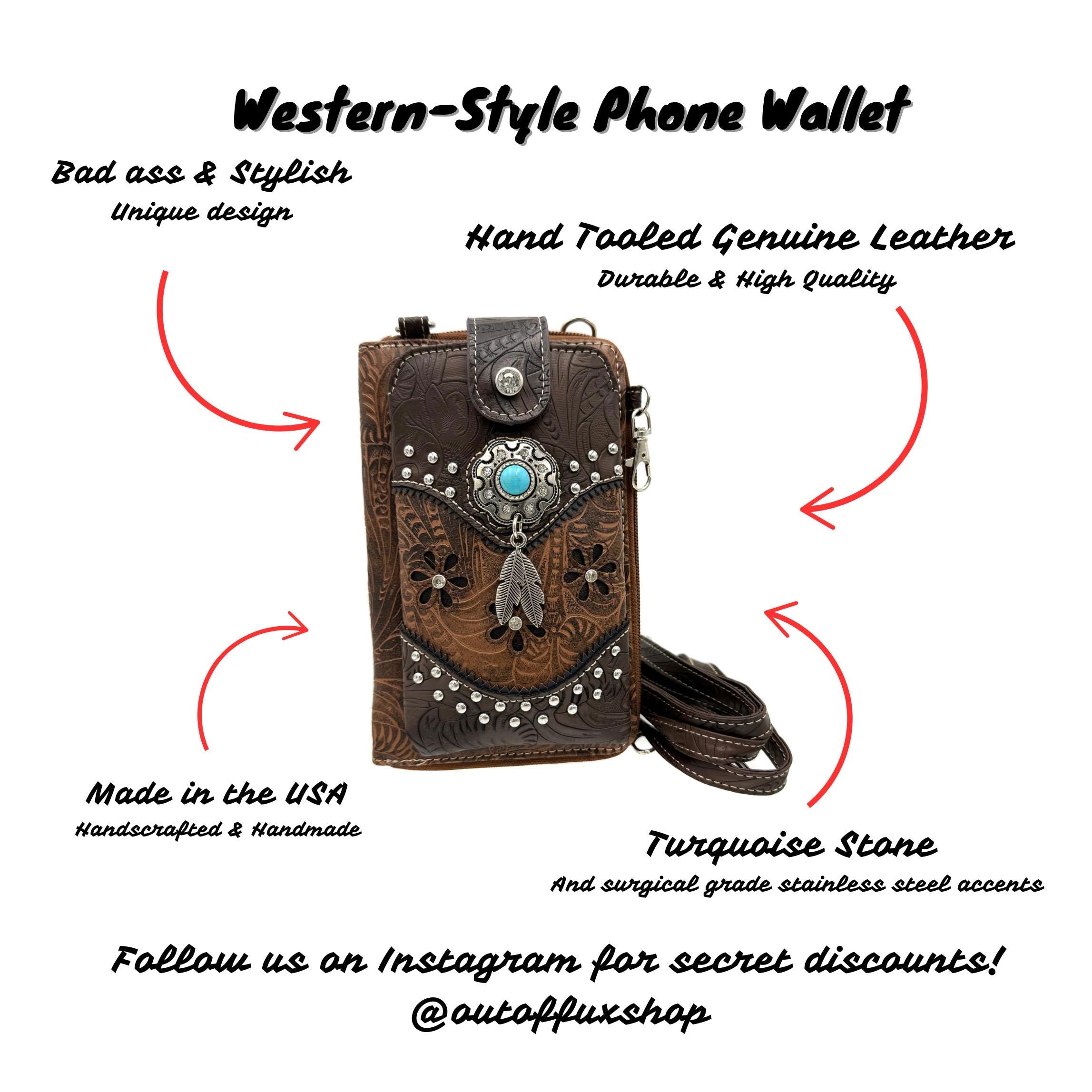 Tooled Leather Crossbody Bag for Women: Western Phone Holder Purse with Card Clots and Cowgirl Motif