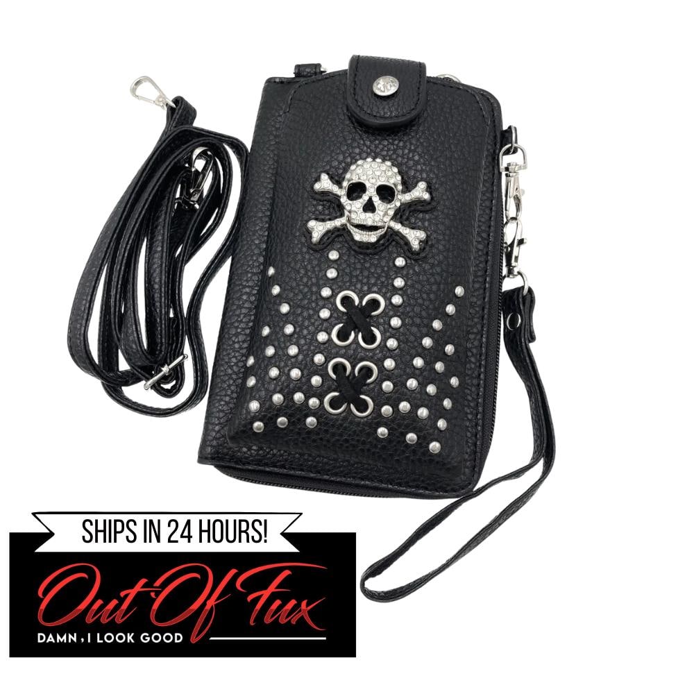 Leather Skull Crossbody Wallet: Goth Biker Purse with Rhinestones and Studs