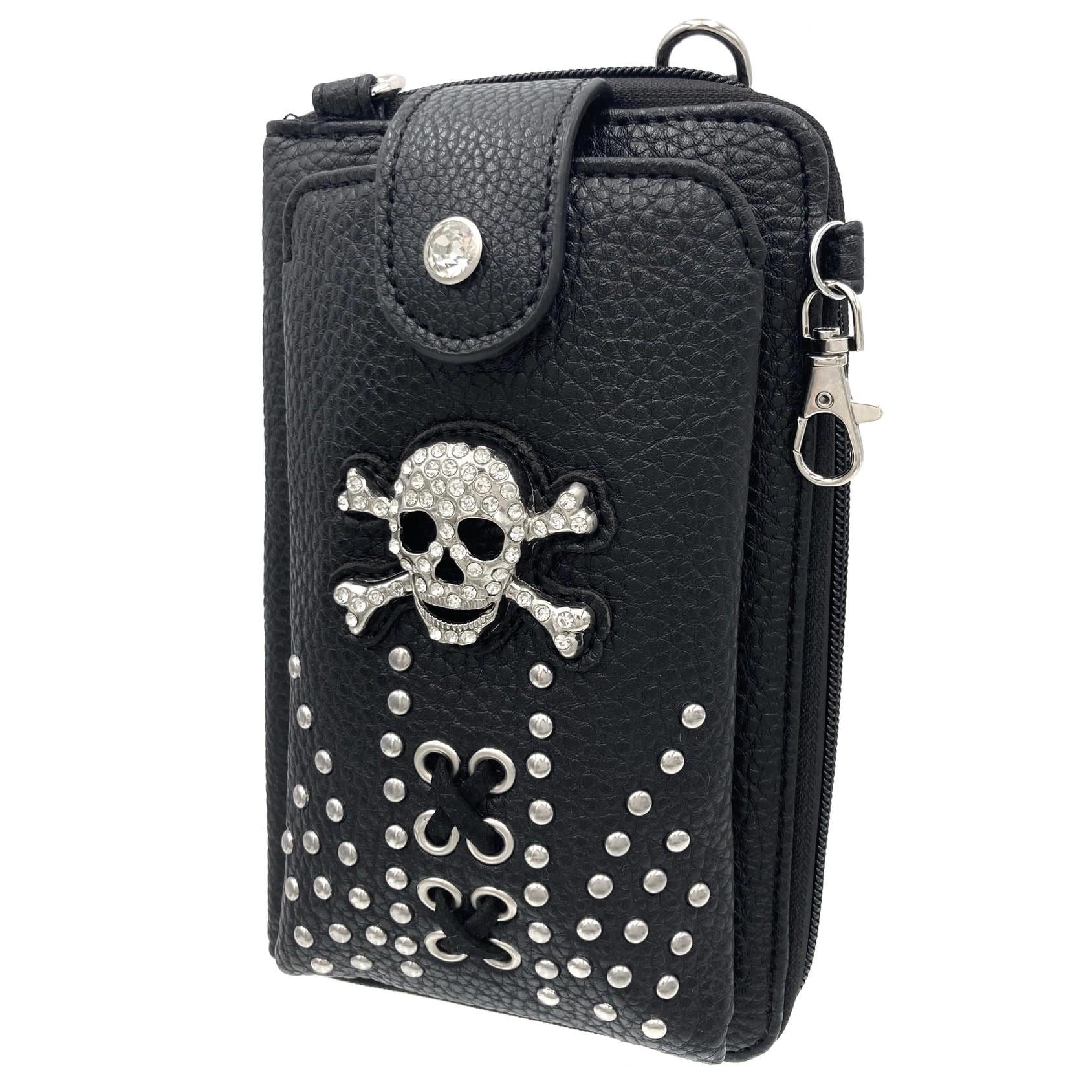 Leather Skull Crossbody Wallet: Goth Biker Purse with Rhinestones and Studs
