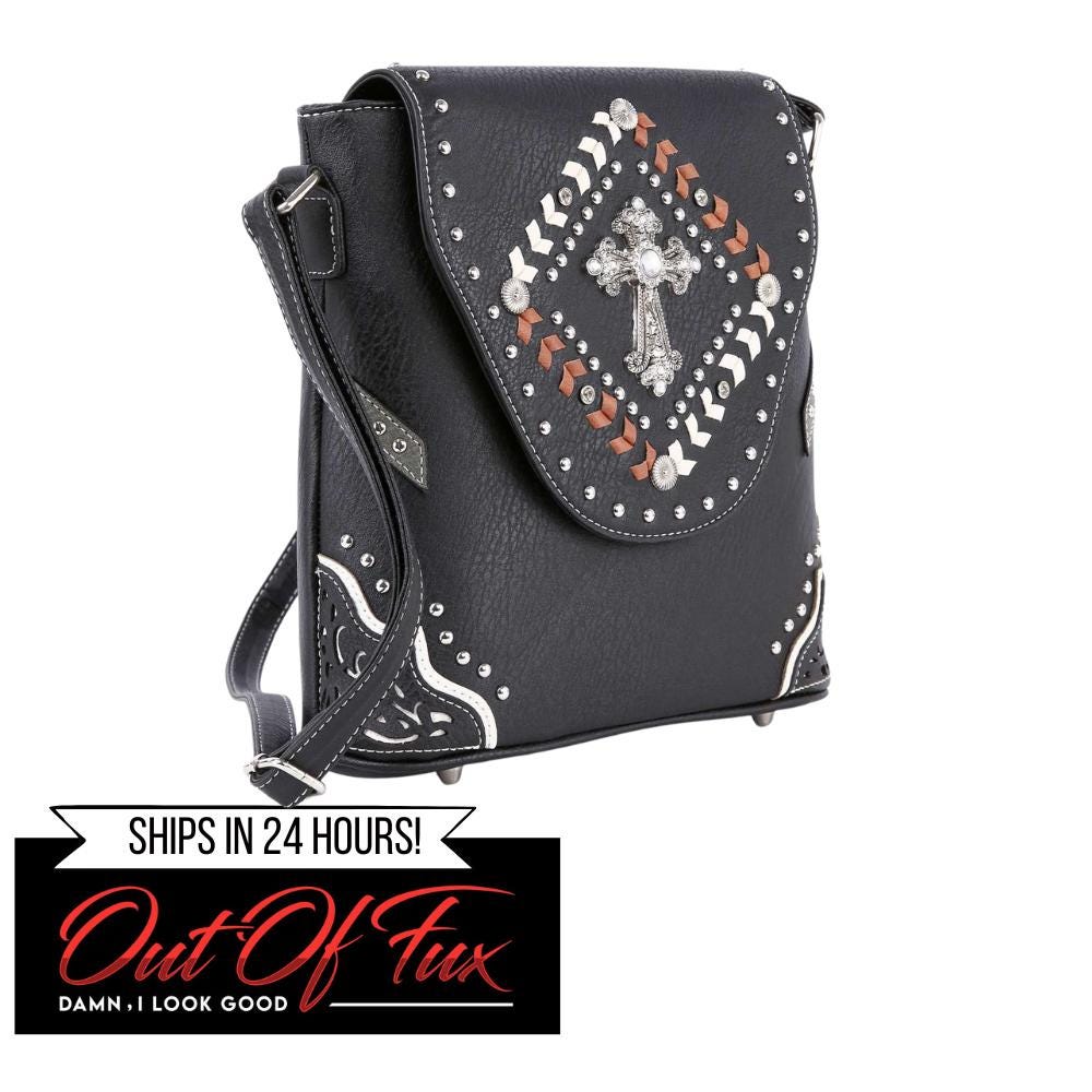Western Crossbody Purse: Faux Leather Cowgirl Bag with Cross and Studs