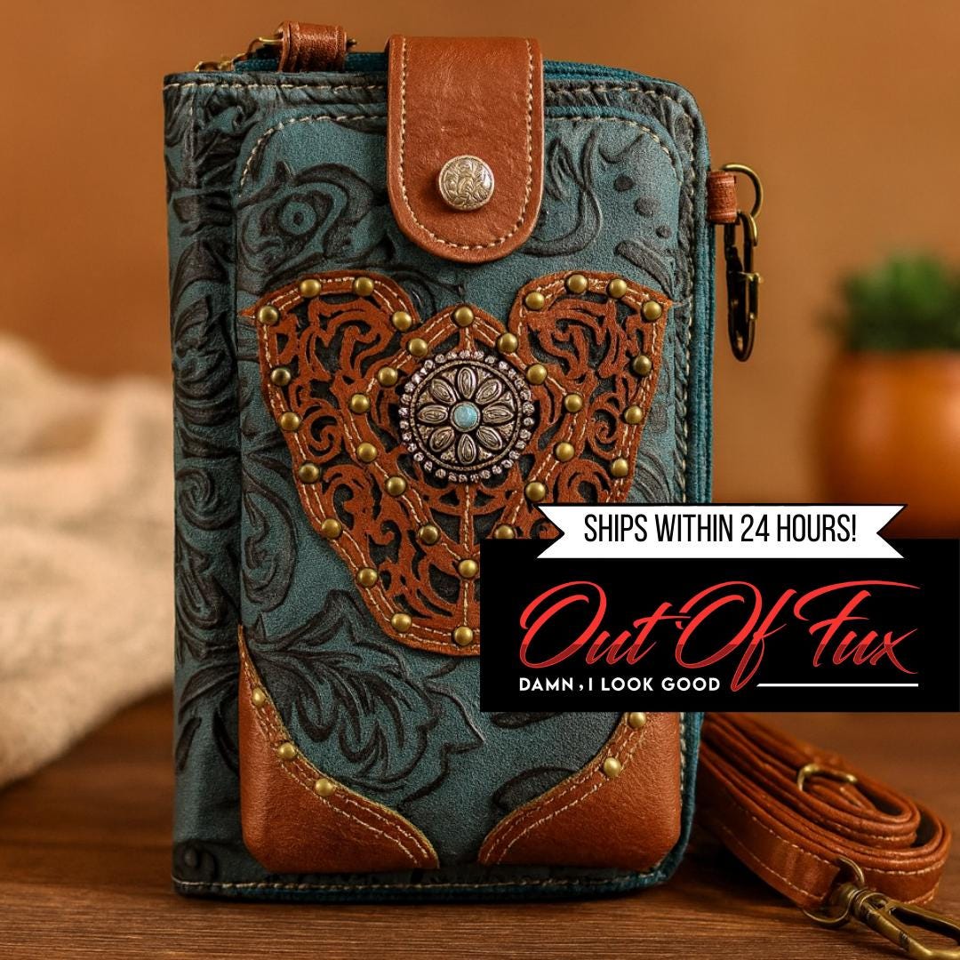 Tooled Leather Crossbody Bag with Turquoise Accent and Card Slots