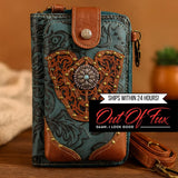 Tooled Leather Crossbody Bag with Turquoise Accent and Card Slots