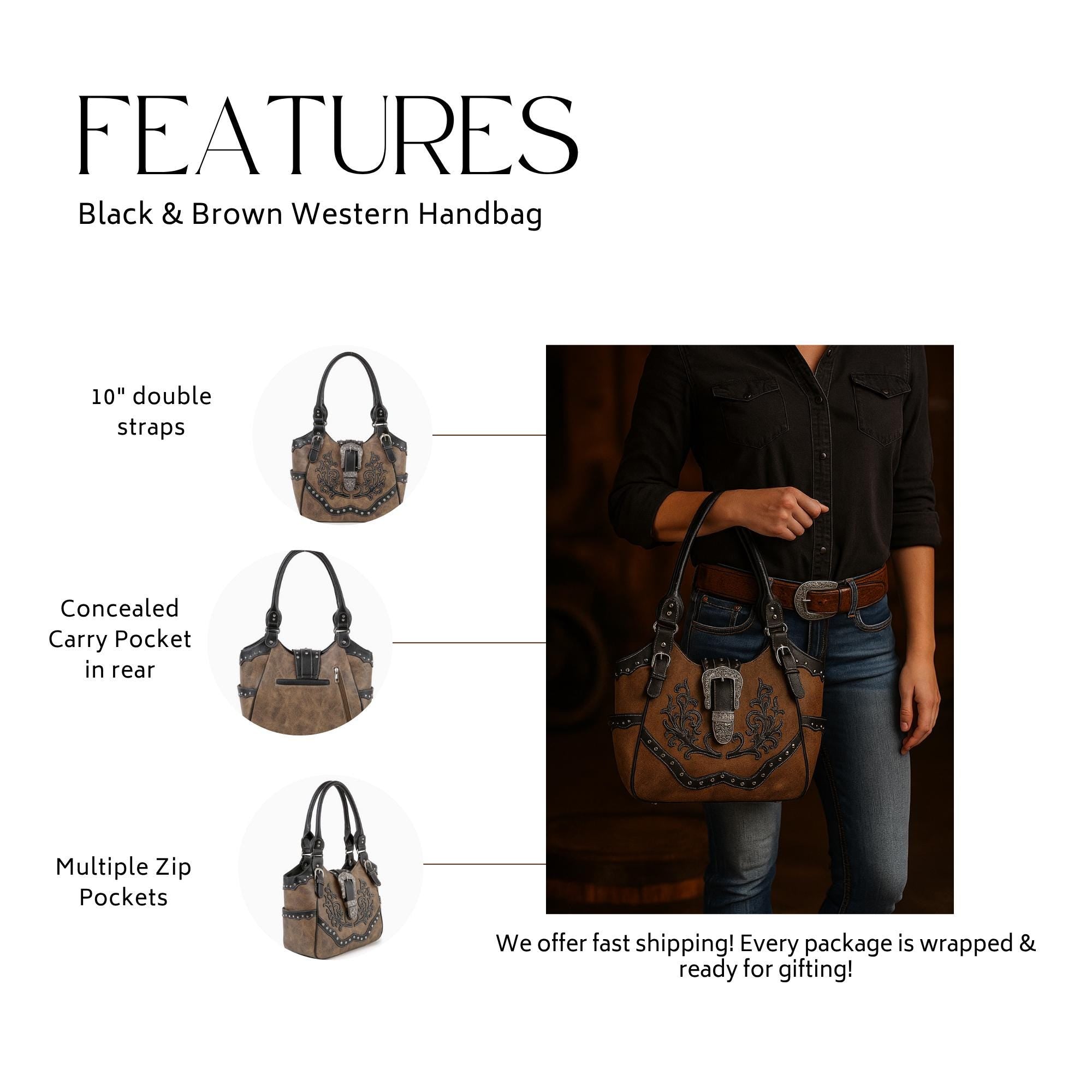 Brown & Black Western Handbag: Handmade Everyday Cowgirl Purse with Buckle and Dual Straps