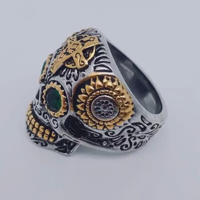 Mens Biker Sugar Skull Ring for Motorcycle Rider Chunky High Quality Men Ring with Green CZ Stone Different Unique Gift for Him Free to Ship